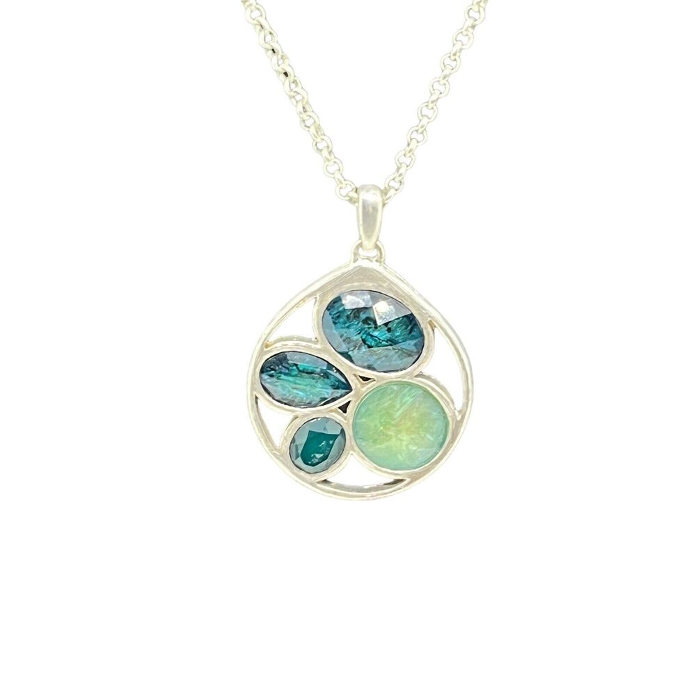 KC Necklace Silver Tone Blue Green "Gem" Pendant on Chain Women's 16" + Extender